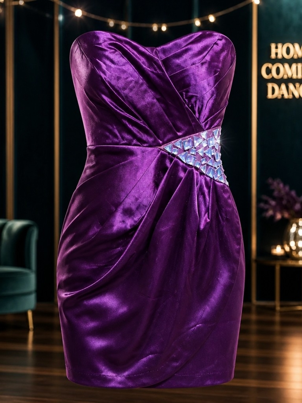 Homecoming Vintage Y2K Purple Satin Strapless Rhinestone Cocktail Dress 4039
